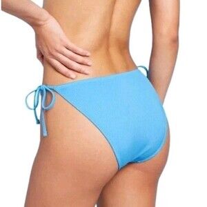 Wild Fable Women's Ribbed Side-Tie High Leg Cheeky Bikini Bottom Blue L (12-14)